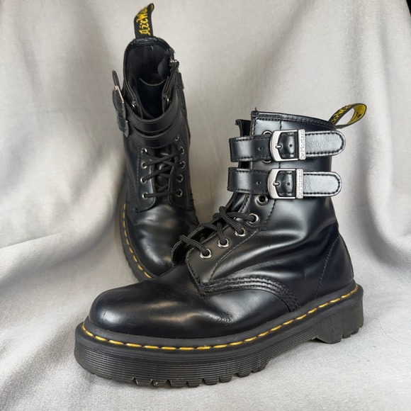 Dr. Martens Shoes - Dr. Martens Jadon Strap Platform Boots Womens 5 Black Leather Buckle Side Zip